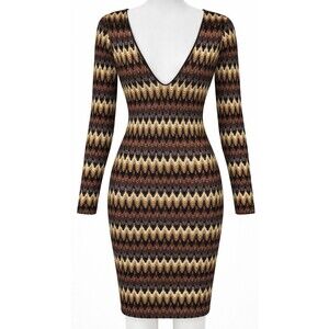 Gibiu Neutral Tones Chevron 2XL Bodycon Dress Long Sleeve V-Neck Midi Stretch